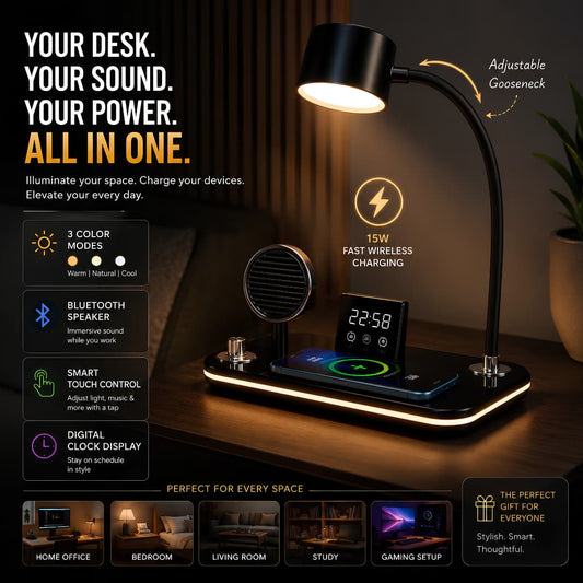 3-in-1 Wireless Charging Desk Lamp – Adjustable LED Reading Light