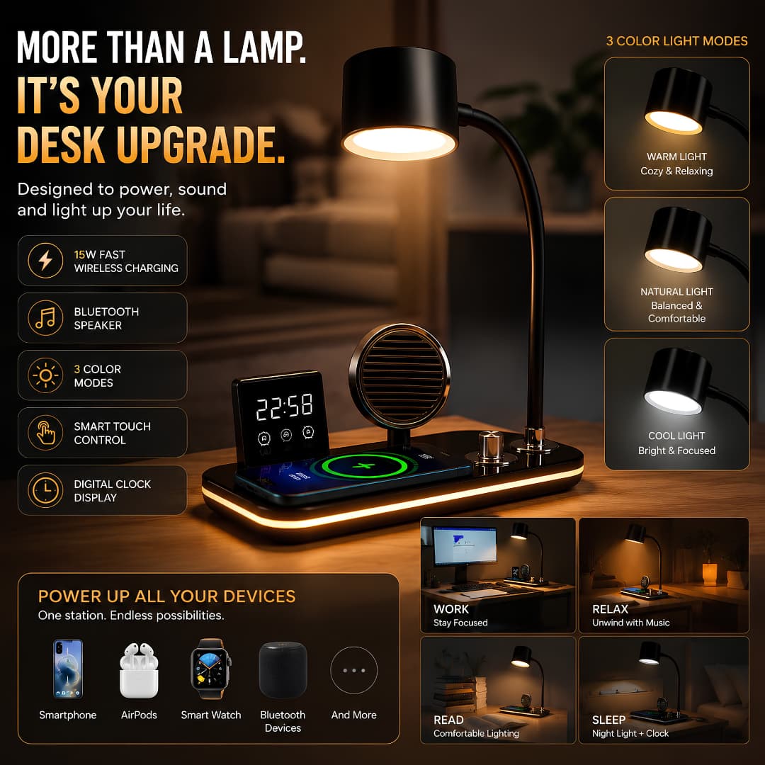 3-in-1 Wireless Charging Desk Lamp – Adjustable LED Reading Light