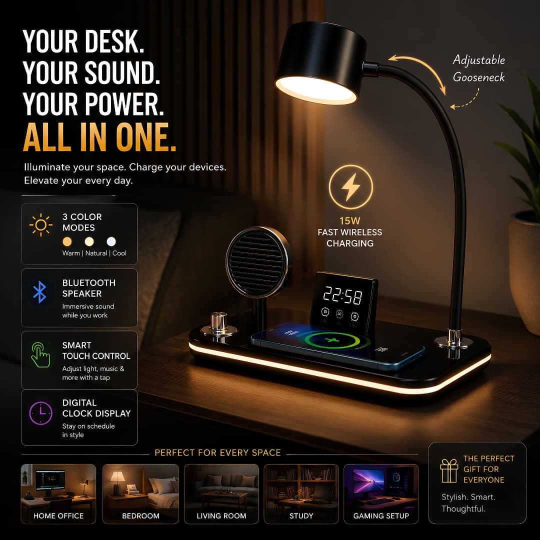 3-in-1 Wireless Charging Desk Lamp – Adjustable LED Reading Light