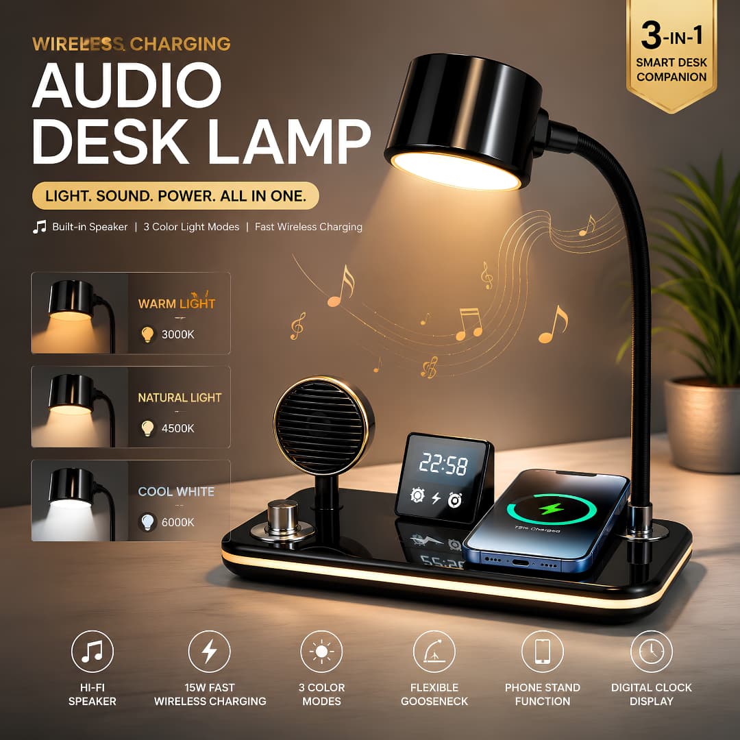3-in-1 Wireless Charging Desk Lamp – Adjustable LED Reading Light