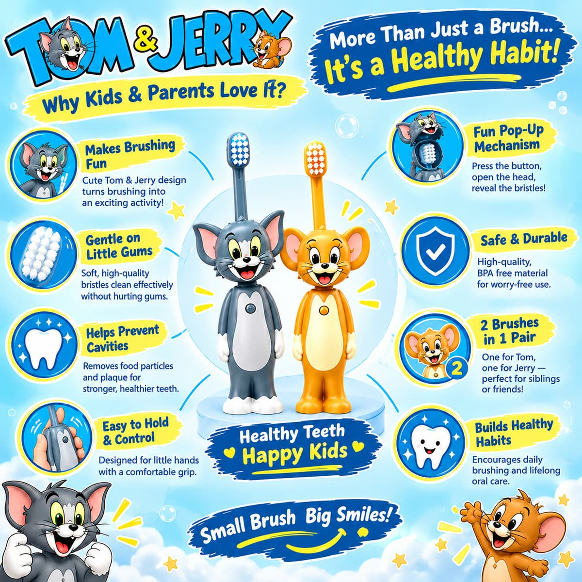 Tom & Jerry Toothbrush Set – 2-Piece Pair (Tom + Jerry) - Pop-Up Character & Soft Bristles