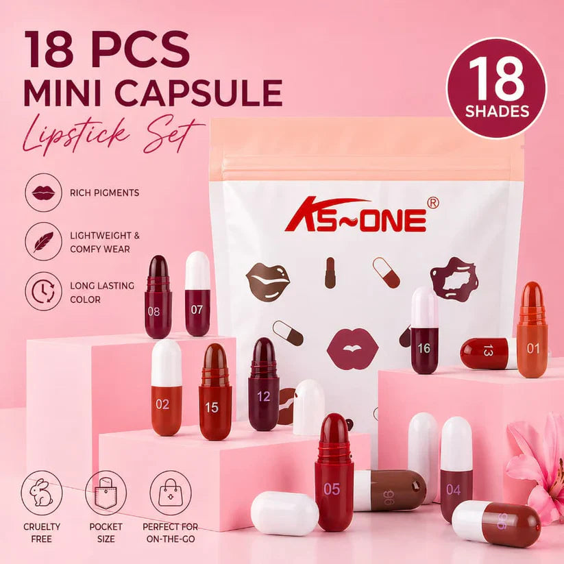 Mini Capsule Lipstick Collection (18 Pcs) – Smooth, Hydrating & Portable