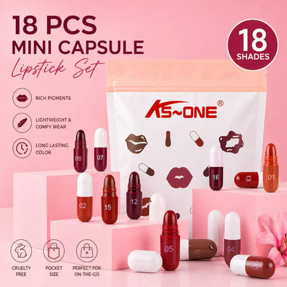 Mini Capsule Lipstick Collection (18 Pcs) – Smooth, Hydrating & Portable