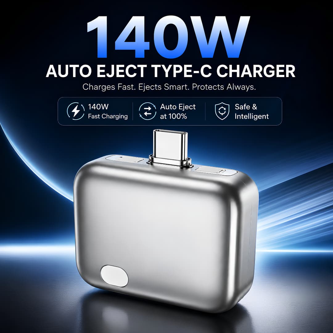 Ai Auto Eject 140W Type-C Charger - 100% Auto Disconnect & Battery Protection