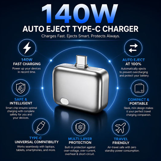 Ai Auto Eject 140W Type-C Charger - 100% Auto Disconnect & Battery Protection