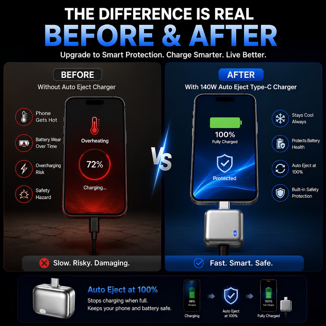 Ai Auto Eject 140W Type-C Charger - 100% Auto Disconnect & Battery Protection