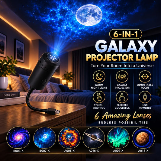 6 in 1 Galaxy Projector Lamp – Rotating Cosmic Night Light - 6 planet Lenses Included