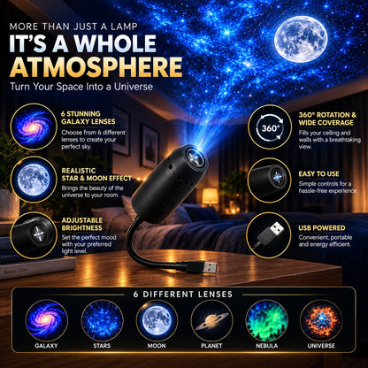 6 in 1 Galaxy Projector Lamp – Rotating Cosmic Night Light - 6 planet Lenses Included