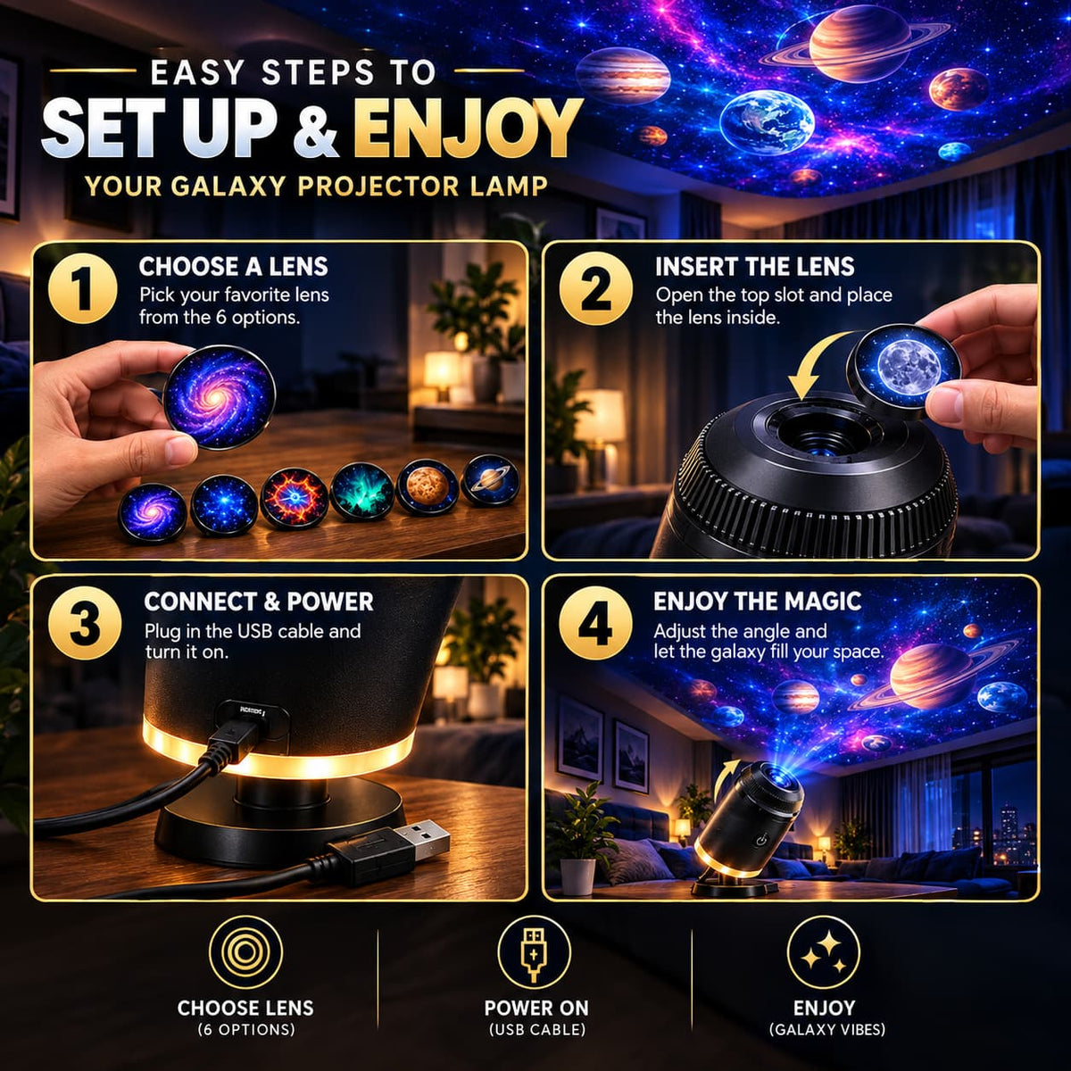 6 in 1 Galaxy Projector Lamp – Rotating Cosmic Night Light - 6 planet Lenses Included
