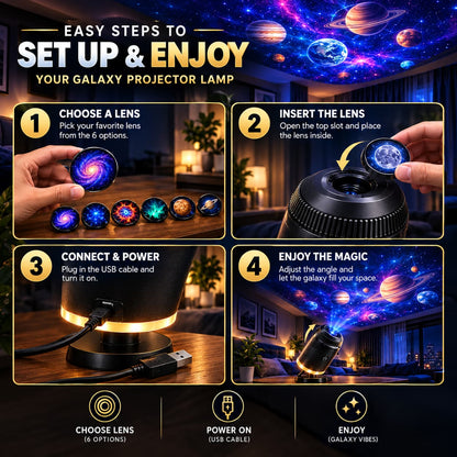 6 in 1 Galaxy Projector Lamp – Rotating Cosmic Night Light - 6 planet Lenses Included