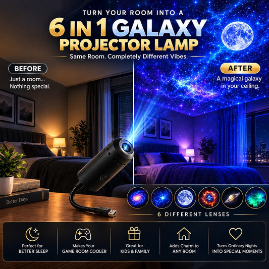 6 in 1 Galaxy Projector Lamp – Rotating Cosmic Night Light - 6 planet Lenses Included