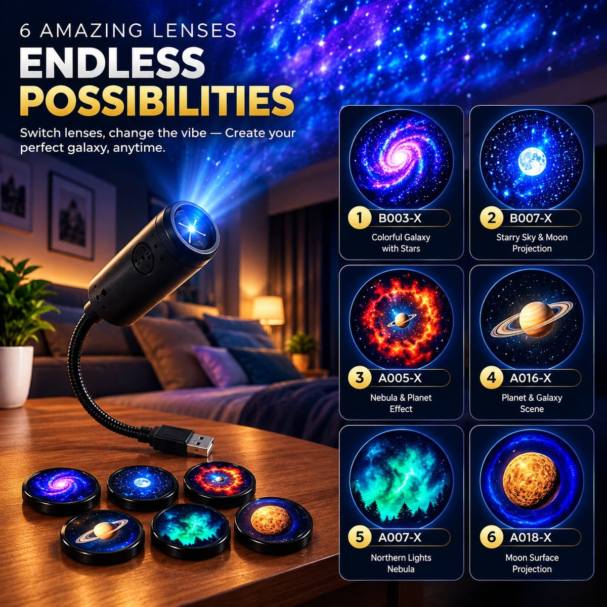 6 in 1 Galaxy Projector Lamp – Rotating Cosmic Night Light - 6 planet Lenses Included