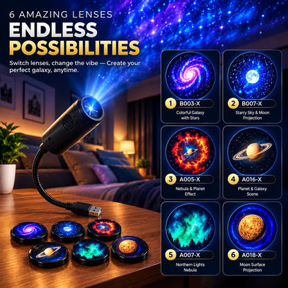 6 in 1 Galaxy Projector Lamp – Rotating Cosmic Night Light - 6 planet Lenses Included