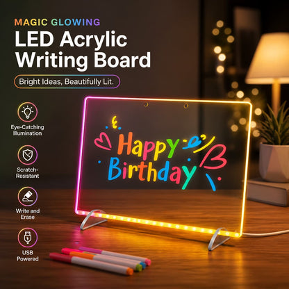 Glowing LED Acrylic Writing Board with 7 Neon Markers – USB Light-Up 30x20 Cm