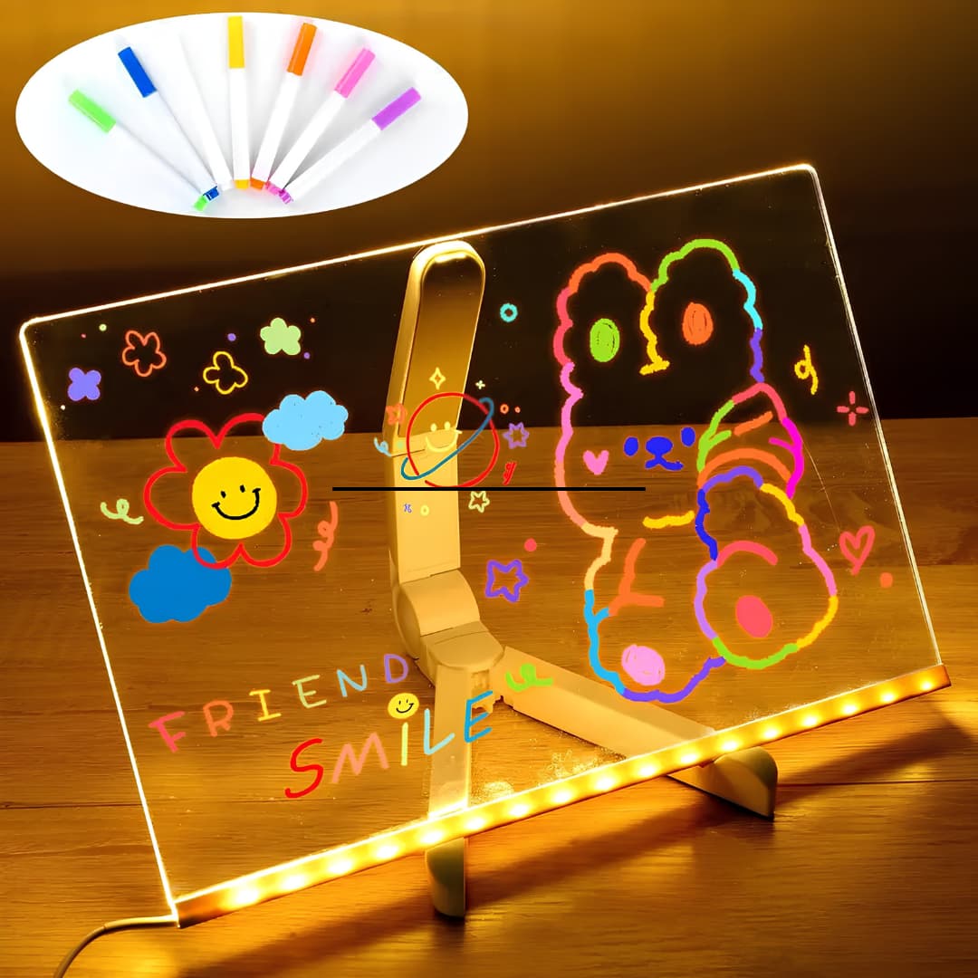 Glowing LED Acrylic Writing Board with 7 Neon Markers – USB Light-Up 30x20 Cm