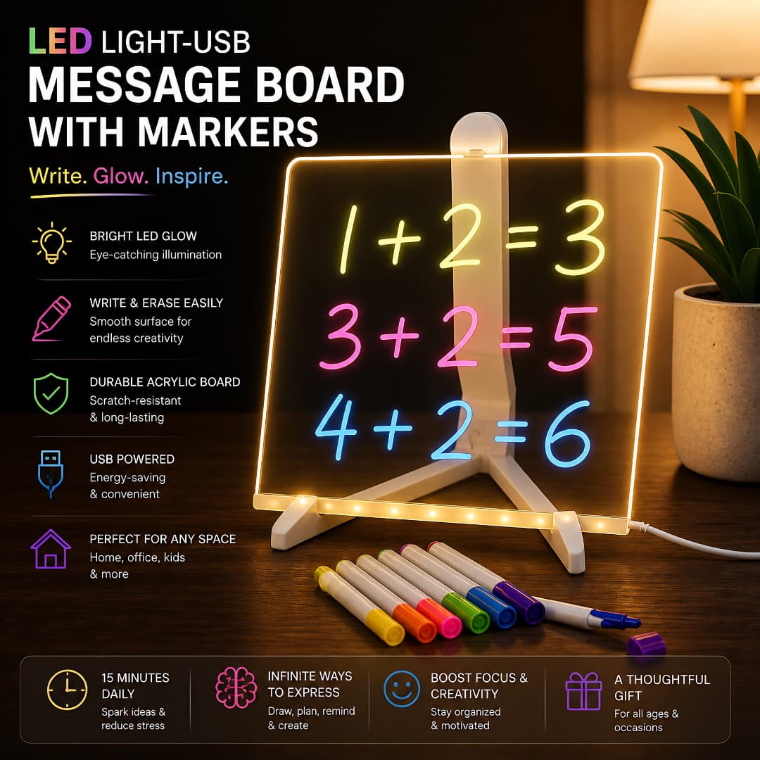 Glowing LED Acrylic Writing Board with 7 Neon Markers – USB Light-Up 30x20 Cm