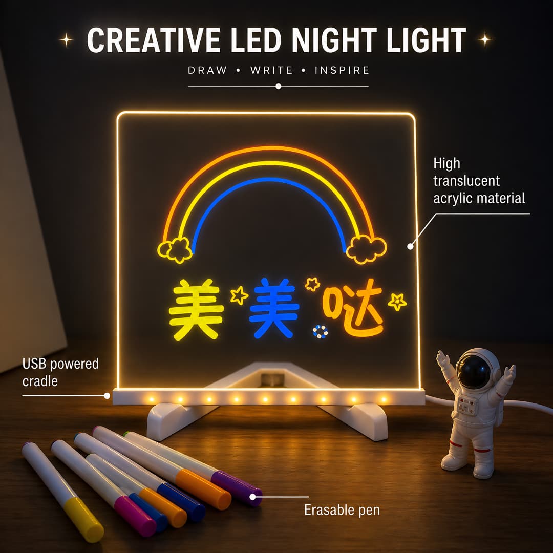 Glowing LED Acrylic Writing Board with 7 Neon Markers – USB Light-Up 30x20 Cm